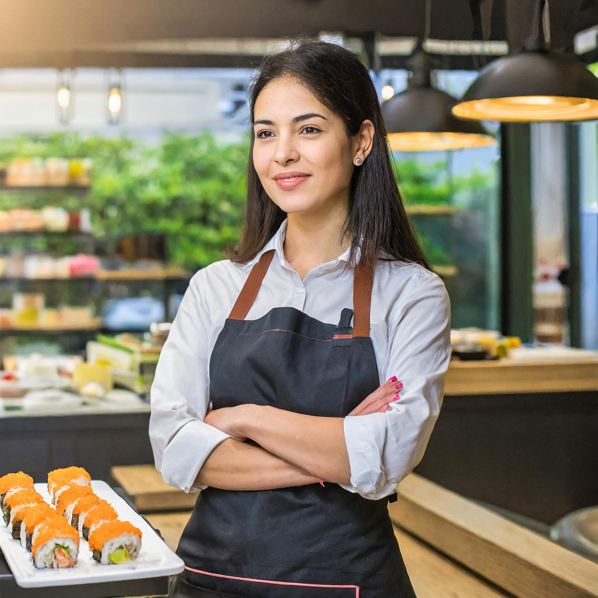 Junge Frau mit Schürze, Sushi rollend