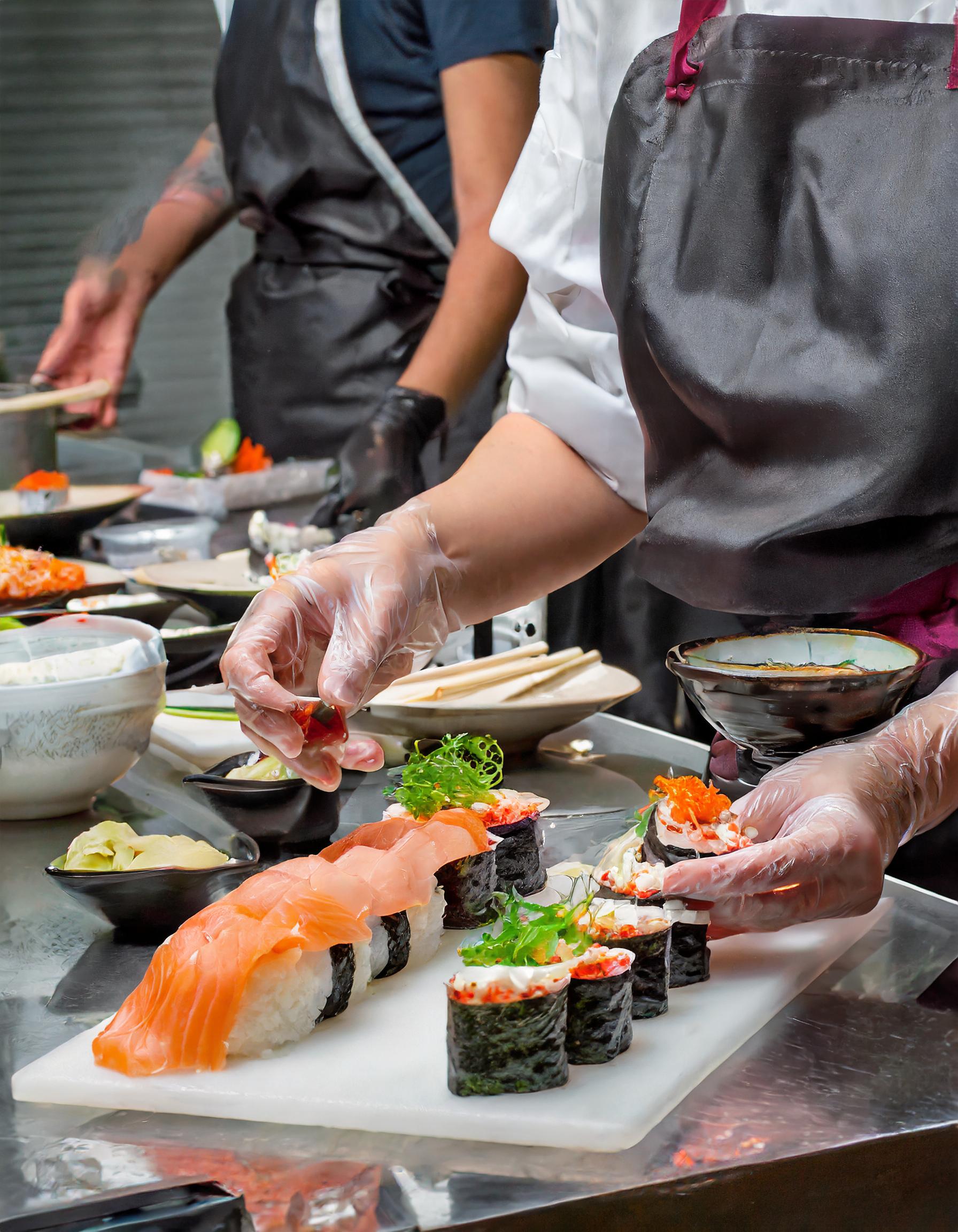 Mann mit Brille, Sushi Zutaten vorbereitend